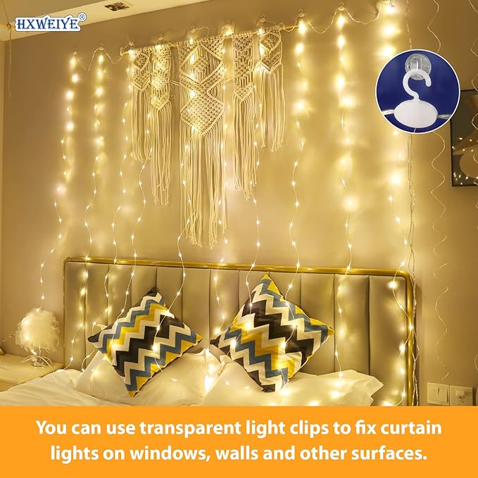 HXWEIYE 300LED Fairy Curtain Lights, 9.8x9.8Ft Tangle-Free USB Plug in 8 Modes Timer Christmas String Hanging Lights with Remote for Bedroom Backdrop Wedding Party Home Wall Garden, Warm White
