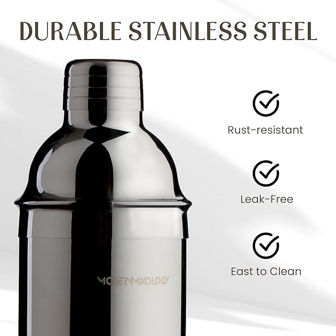 Modern Mixology 21-Piece Cocktail Shaker Set with Stand, Bartender Kit for Home Bar Accessories: 24oz Martini Shaker, Jigger, Strainer, Bar Spoon, Tongs, Opener, Muddler (Silver, Brown Stand)