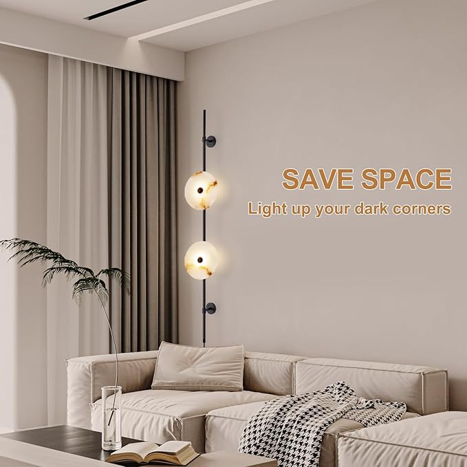 Alabaster Wall Sconce,8W Round Natural Marble Plug in Wall Sconce Lamp Cord with Knob Dimmer Switch, Indoor LED Modern Wall Lamp for Bedroom, Stairs, Living Room, Bedside, Hallway (Black)