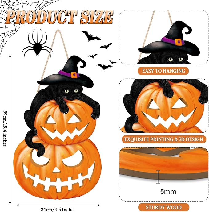 HPNIUB Black Cat Halloween Plaque, Cute & Scary Wooden Sign for Front Door Decor - 9.4x15.3 Inch