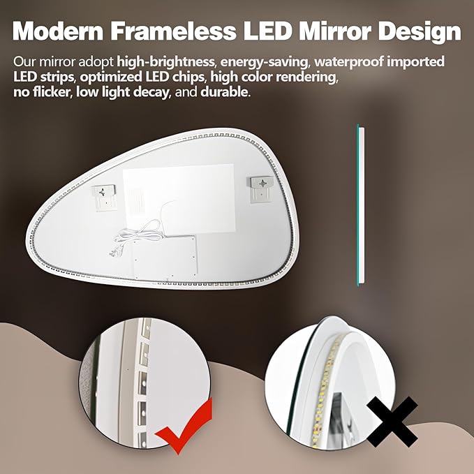 Niccy Irregular LED Bathroom Mirror, 24"x40" Asymmetrical Backlit Vanity Wall Mirrors, Frameless Lighted Mirrors for Bedroom, Living Room, Modern Smart-Mirror with Anti-Fog, Dimmable, Memory Function