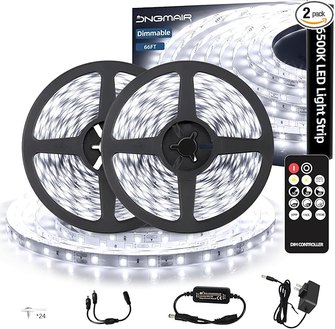 66ft LED Strip Lights with Remote, 6500K Daylight White Dimmable Tape Lights, 12V 1200 LEDs 2835 Strong Adhesive Rope Lights for Cabinet Kitchen Ceiling Closet Vanity Mirror Stairway Basement