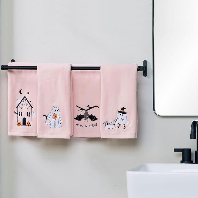 SKL Home Halloween Ghost Walking Dog 100% Cotton Embroidered 2pc Hand Towel Set, Decorative for Bath/Kitchen/Bar & Gift, Pink