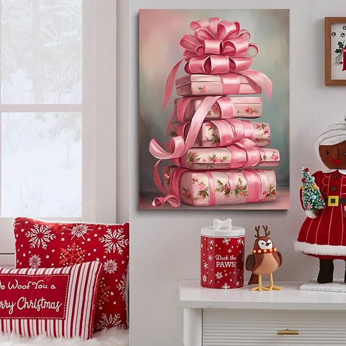 Framed Pink Christmas Wall Art Pink Vintage Christmas Presents Canvas Print posters Retro Shabby Chic Christmas Printables Winter Home Decor 12x16 framed