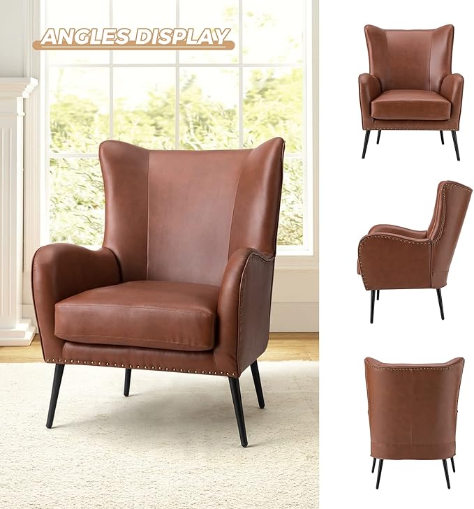 HULALA Home Faux Leather Accent Chair w/Removable Cushion, Comfy Upholstered Armchair with Black Metal Legs & Nailhead Trim Wingback Vanity Chair Desk Chair for Reading Living Room Bedroom, Brown