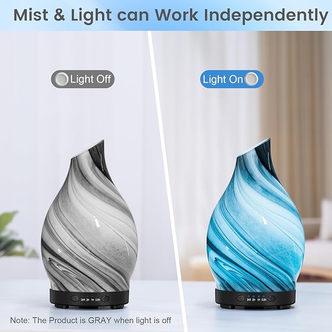 Essential Oil Diffuser, 120ML Glass Aromatherapy Diffuser with Auto Shut-Off and 7 Color LED Lights, Ultrasonic Mist Humidifier with 4 Timer for Home Office Bedroom (Gray Wave)