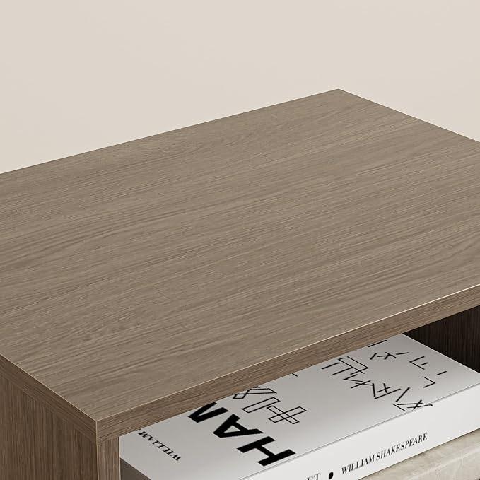 Masupu Night Stand,Mid-Century Modern Bedside Table with Storage Drawer and Open Wood Shelf,Small Gold Frame Side Table for Bedroom,Living Room, Grey