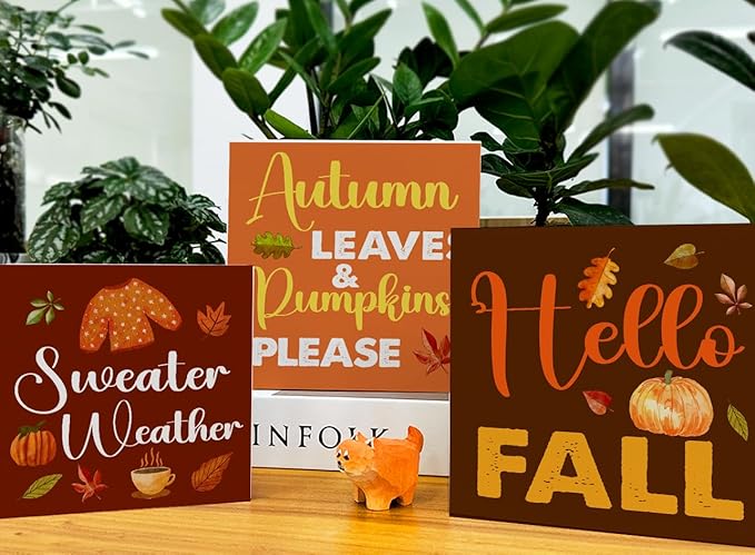 3 Pcs Hello Fall Wood Signs Decor Autumn Wood Block Signs Farmhouse Fall Pumpkins Leaves Pumpkin Please Wooden Box Signs Home Decorations for Kitchen Tiered Tray Desk Table Shelf