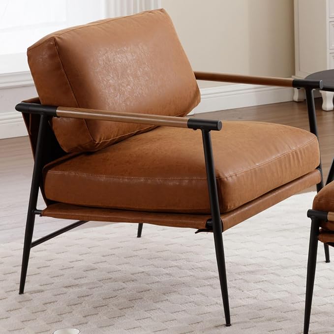 LukeAlon Mid-Century PU Leather Accent Chair, Ultra Soft Living Room Chair with Metal Legs Modern Armchair Upholstered Comfy Leisure Chair for Bedroom Reception Area Reading Room, Brown