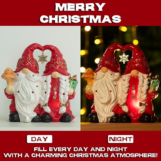 Christmas Decor Snowman Figurines Resin Lighted Indoor Ornaments Holiday Tree Festive Decorations Light Up New Year Gift Decoration for Table (Gnome Couple)