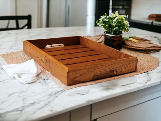 Vesta Homes Medium Teak Wood Serving Tray for Home, Kitchen, Breakfast, Restaurant, Office Organizer, Dining Table | Premium Wooden Tray |12 * 8.5 * 1.5 Inches | Handmade in India