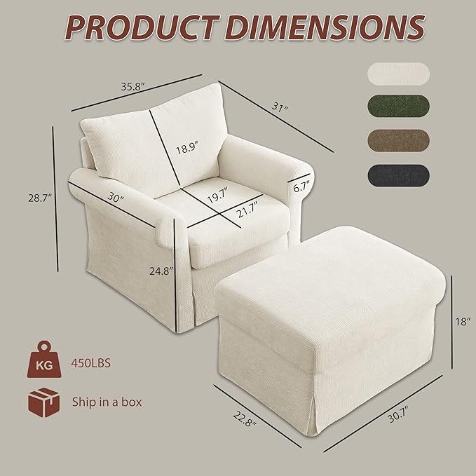 Modern Living Room Chairs with Ottoman, Comfy Chenille Reading Armchair with Rolled Arms and Cushion Backrest, 35.8" W Oversized Chaise Lounge Chair for Bedroom, Study, Apartment, Beige