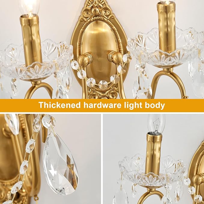 Crystal Wall Sconce, Gold Wall Sconces, Gold Sconces Wall Set of 2, for Living Room, Bedroom, Bathroom,Vanity