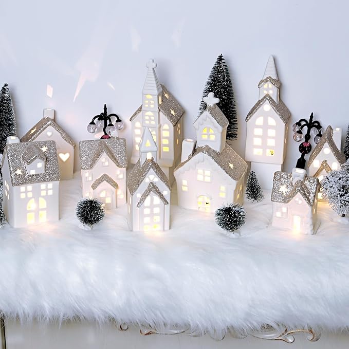 Set of 28 Ceramic Christmas Village Sets 9 Pieces White House with 17 Pieces Snow Tree 2 Lamp Vintage Christmas Decoration for Mantle Table Top Decor (Classic)