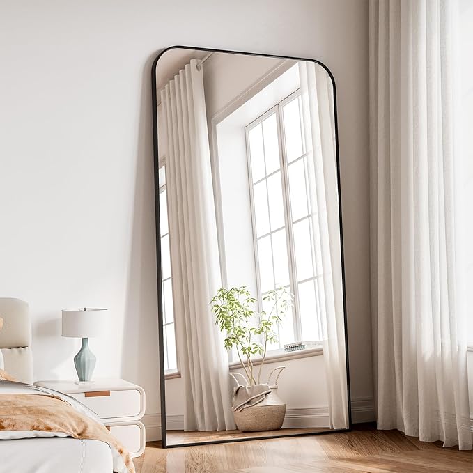 Koonmi Full Length Mirror, 78"x35" Mirror Full Length with Stand, Black Domed Top Square-Edged Floor Mirror with Aluminum Alloy Frame for Bedroom Living Room