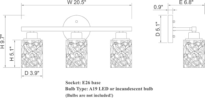 ALICE HOUSE 20.5" Vanity Lights, 3 Light Wall Lighting, Brushed Nickel Finish Bathroom Lights Over Mirror, Bathroom Lighting, ETL Listed, AL9082-W3