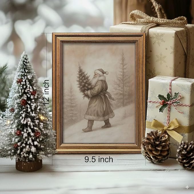 Vintage Christmas Decor Farmhouse Wall Art Gold Framed Rustic Winter Landscape Santa Pictures Painting for Home Living Room Decor (Santa, 12L" x 9.5W")