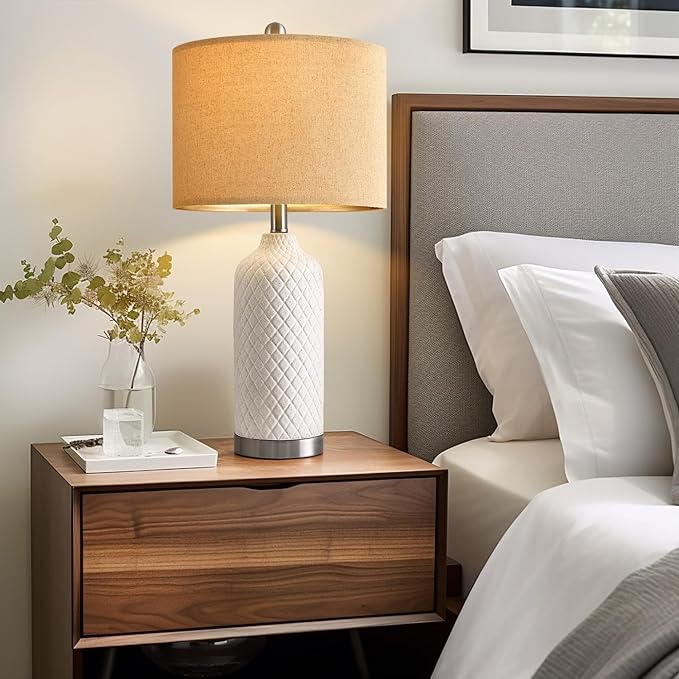 24.25" Modern White Ceramic Table Lamps Set of 2, Boho Farmhouse Bedside Lamps with White Linen Shades, Perfect for Living Room, Bedroom Nightstands, and End Tables
