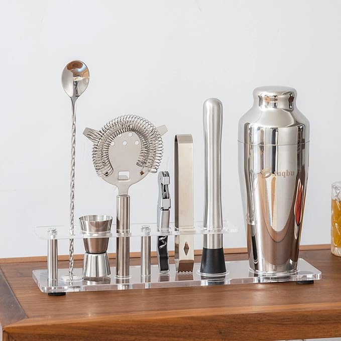 Cocktail Shaker Set with Arcylic Stand, Mixology Bartender Kit for Drink Mixing | Mixology Set with 7 Bar Set Tools Cocktail Kit (Silver)