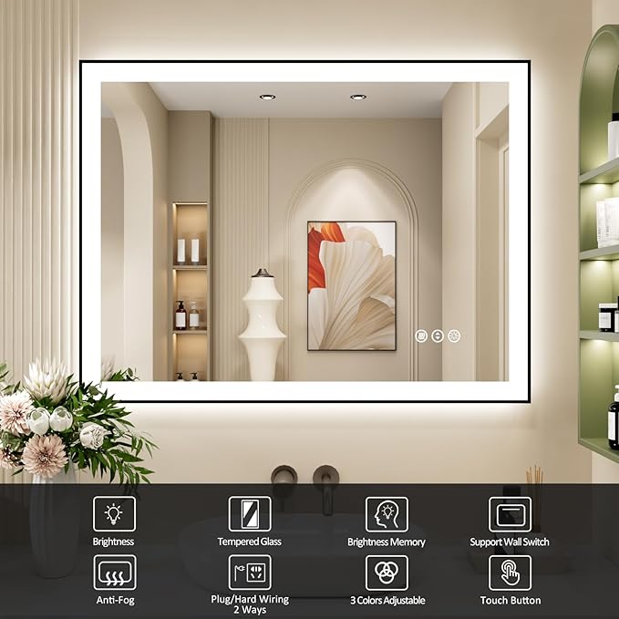40x30 Inch LED Bathroom Mirror with Black Frame, Backlit and Front Lighted Bathroom Mirrors for Wall, Anti-Fog, Dimmable, Memory, Shatterproof, LED Vanity Mirror for Bathroom