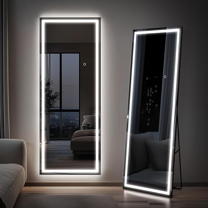 Kosmonia 65x24 Full Length Mirror, Dimmable 3 Color LED Light w/Light Memory, Distortion Free Silver Coating Mirror, HD Reflection &Anti Desilvering,Tempered Glass &Shatter Proof Film Doubles Safety
