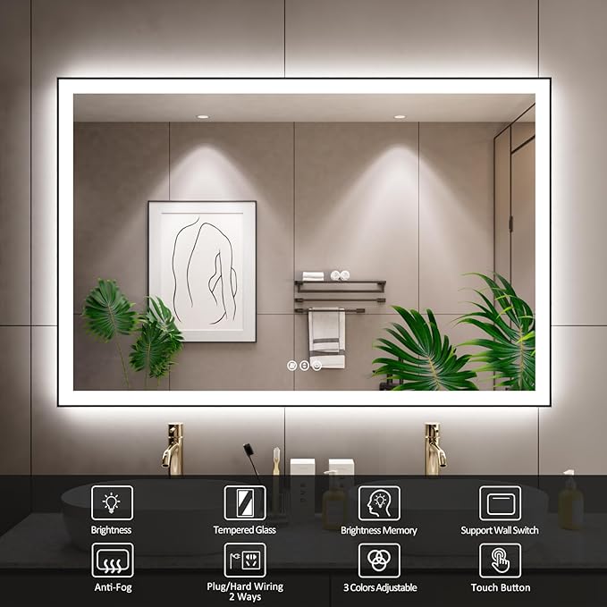 60x40 Inch LED Bathroom Mirror with Black Frame, Backlit and Front Lighted Bathroom Mirrors for Wall, Anti-Fog, Dimmable, Memory, Shatterproof, LED Vanity Mirror for Bathroom