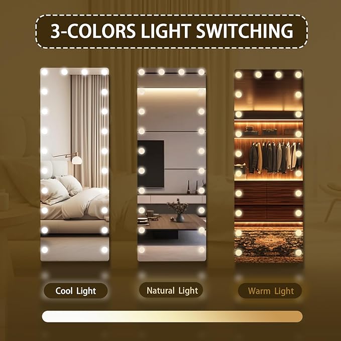 Kosmonia 66x22 Hollywood Full Length Mirror with Light, 22 Dimmable Bulbs & 3 Color Smart Touch Control, Distortion Free, Tempered Glass & Shatter Proof Film, Safe Full Body Mirrors with Stand