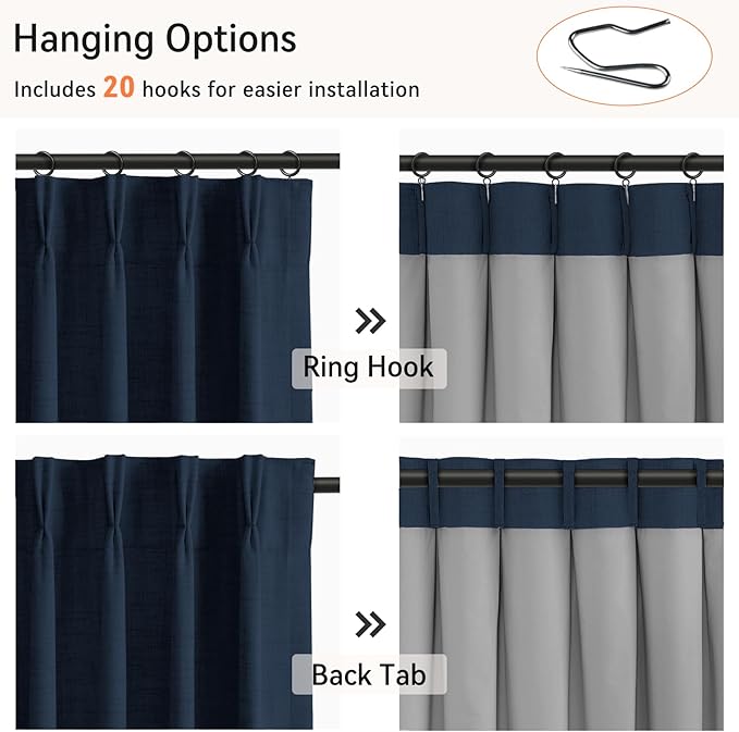 100% Blackout Shield Linen Look Textured Pinch Pleated Curtains Blackout Drapes 102 Inch Long 2 Panels Set, Faux Linen Blackout Curtains for Bedroom & Living Room, 40" W x 102" L, Midnight Blue