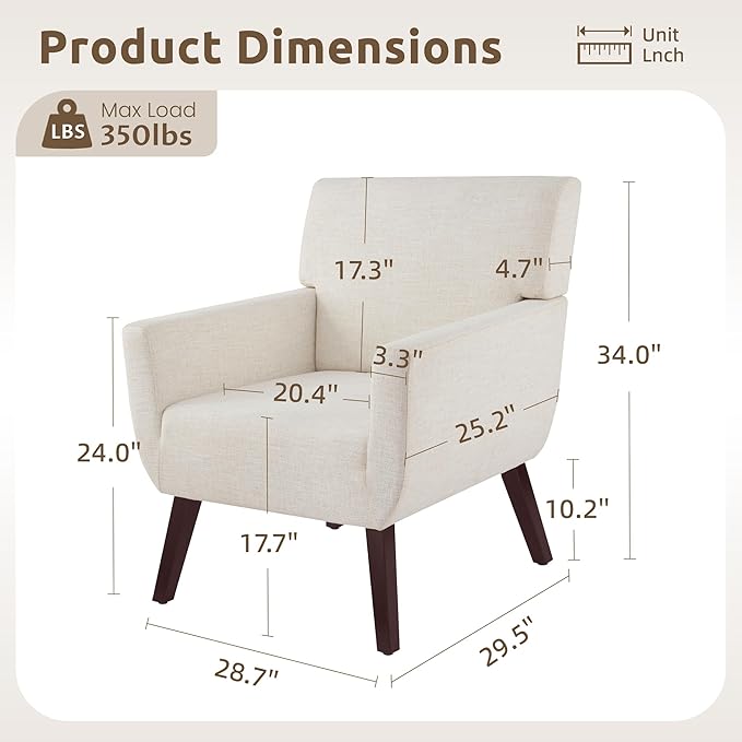 Upholstered Accent Chair,Mid Century Modern Office Fabric Small Living Room Chair with Arm,Comfy Wingback Armchair for Bedroom Reading (Beige, 2 PC)