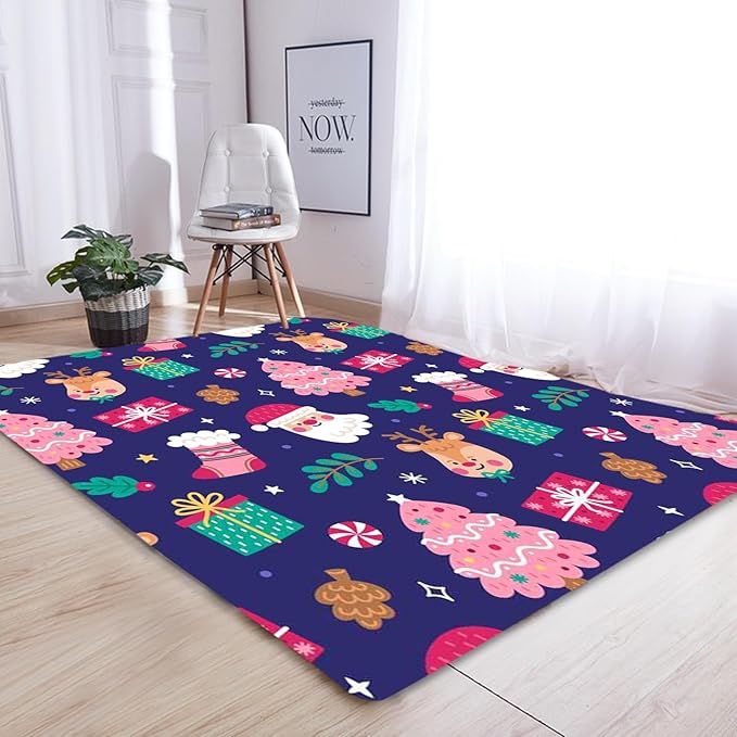 kxry Area Rugs 3X5 Feet, Christmas Soft Machine Washable Area Rugs Xmas Santa Claus Reindeer Xtmas Tree Non Slip Foldable Floor Carpet for Living Room Bedroom Dining Room Dorms Nursery Rooms Office