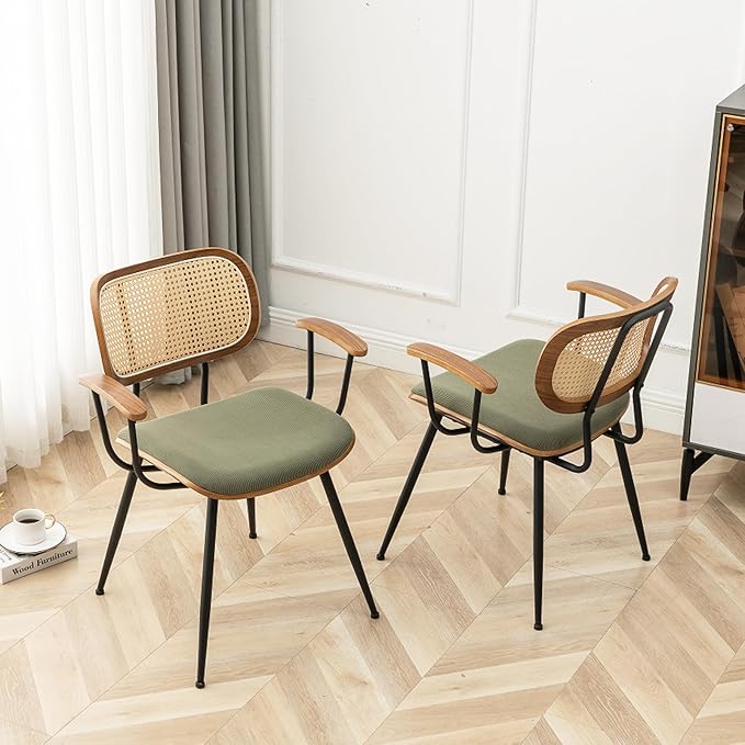 Rattan Dining Chairs Set of 4, Mid Century Modern Kitchen Side Chair, Metal Legs Desk Chair, Linen Fabric Accent Chair with Arms and Rattan Backrest, Beige