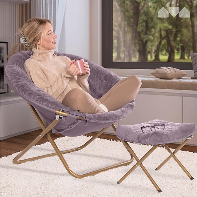 Milliard Cozy Chair with Footrest Ottoman/Faux Fur Saucer Chair for Bedroom/X-Large (Purple)