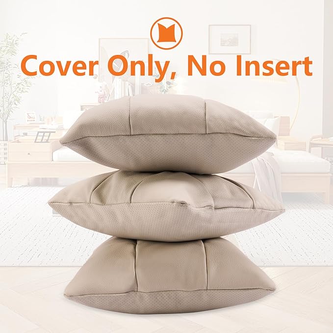 Kidol & Shellder Genuine Leather Throw Pillow Cover 18x18 Modern Solid Lumbar Pillow Covers-Luxury Pillowcases for Couch Sofa Bed-Soft Durable Decorative Cushion Case with Hidden Zipper(Barley Beige)