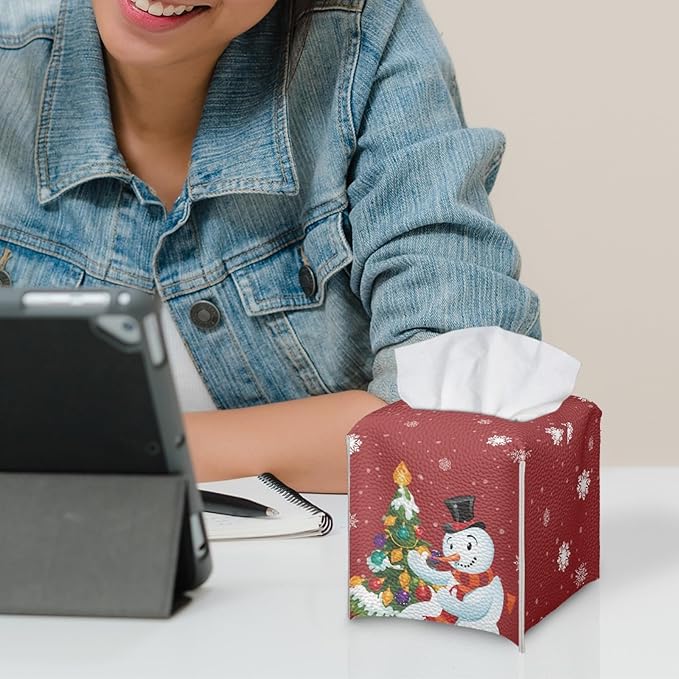 Christmas Tree Tissue Box Holder Square Snowman Print Tissue Holder Organizer Modern Napkin Cover for Bedroom Dresser Night Stand Office Desk PU Leather Decor