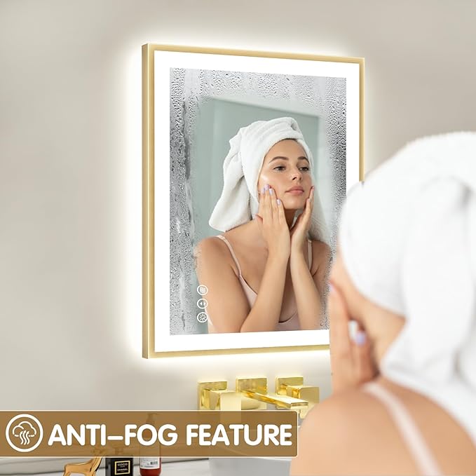 24x32 LED Bathroom Mirror with Gold Frame, Backlit and Front Lighted Bathroom Mirrors for Wall, Anti-Fog, Dimmable, Memory, Shatterproof, LED Vanity Mirror for Bathroom(Horizontal/Vertical)