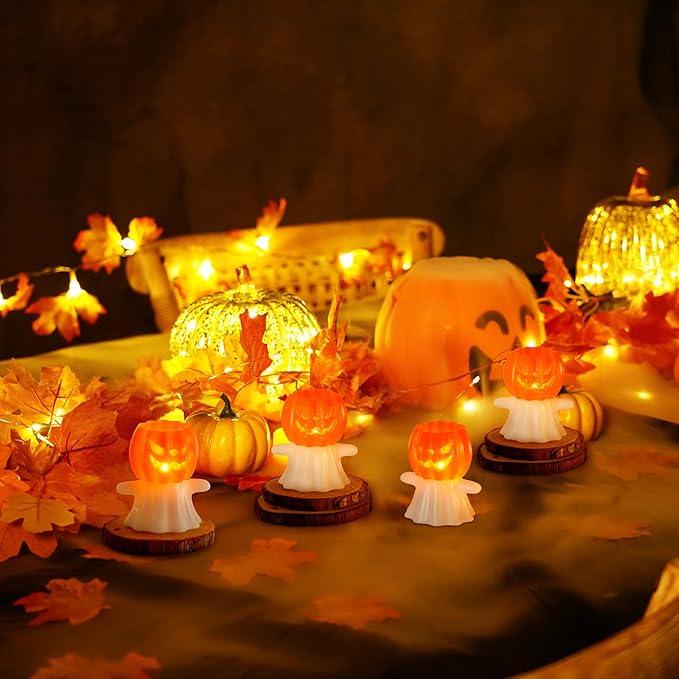 Homemory Real Wax Pumpkin Ghost Lamp, 4 Pcs Flickering Flameless Candles with 6hrs Timer, Spooky Halloween Pumpkin Candles, LED Battery Operated Lights for Home Halloween Decor, Theme Party