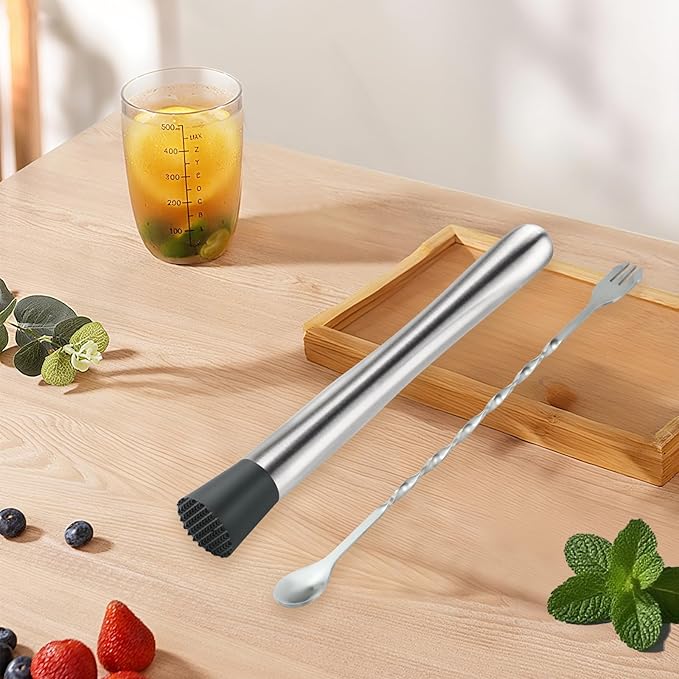 2Pcs 10'' Muddler and Spoon Set for Cocktails 304 Stainless Steel Fruit Smasher Home Bar Bartender Accessories Stirrers Mixing Tools for Mojitos Drinks Lemonade Stand Supplies