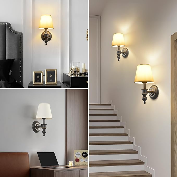 Wall Sconces Set of 2, Modern Wall Lamps for Bedroom, Sconces Wall Light Fixture with Beige Fabric Shade, Indoor Wall Mounted Lamps for Living Room Hallway Kitchen, ORB Finish