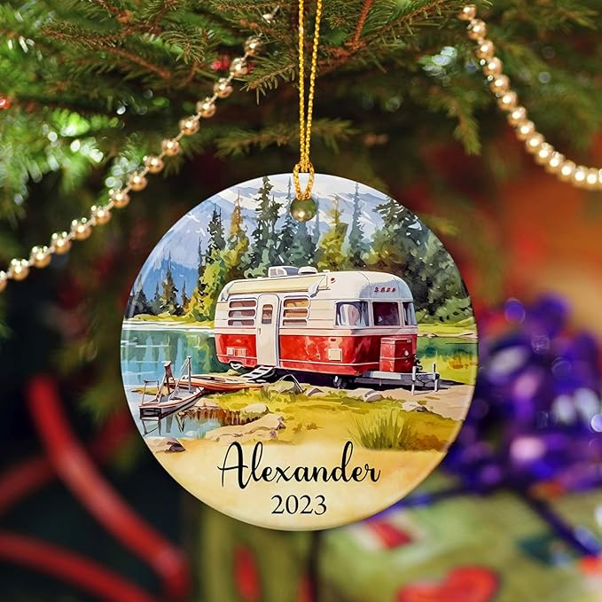 Summer Camping Beach Road Trip Ornament Keepsake Gifts for Friends, Personalized Beach Camper Ornament 2025, Surfing Board Outdoor Chair Camper Christmas Decor, Custom Name Camper Ceramic Ornament