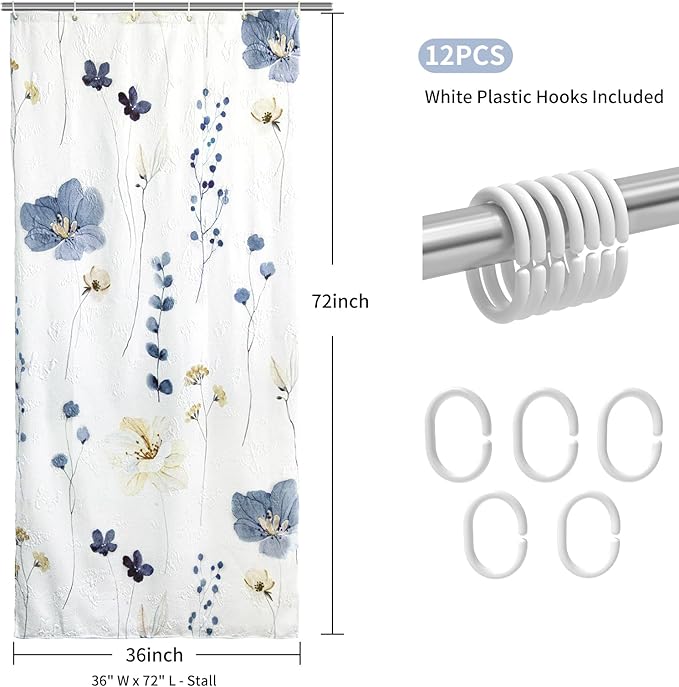 QIYI Small Stall Shower Curtain 36 x 72, Narrow Half Watercolor Floral Shower Curtain, 3D Embossed Butterflies Grey Flower Cloth Bathroom Curtain, Waterproof Fabric White Shower Curtain Set with Hooks
