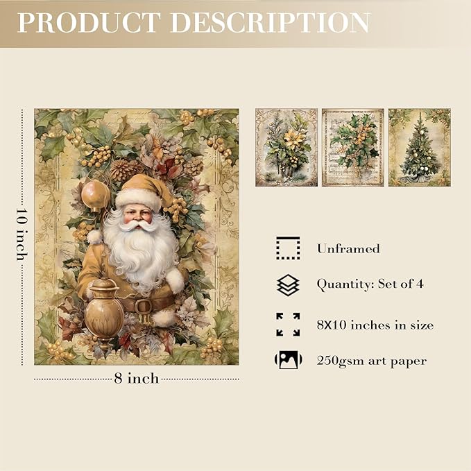 JXREQ Vintage Christmas Pictures Wall Decor Prints,Purple Christmas Wall Art Decorations for Home Kitchen Bedroom Bathroom Living Room Office,Santa Claus Xmas Tree Decor Prints Set of 4,8x10 Unframed