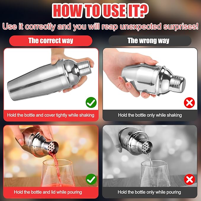 Nitial 9 Pcs Bar Cocktail Shaker Professional Stainless Steel Martini Drink Mixer with Built-in Strainer for Bartending No Leaks Boston Shaker for Bar Party Drink Mixing Tool(8 oz)