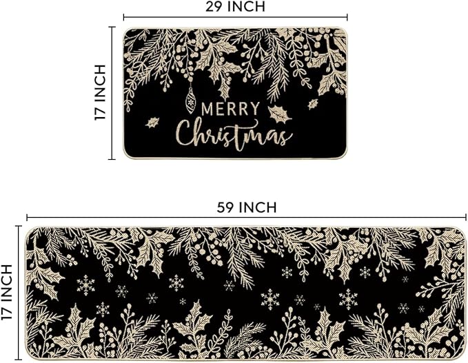 Artoid Mode Black Holly Pine Branches Merry Christmas Kitchen Mats Set of 2, Winter Decor Low-Profile Kitchen Rugs for Floor - 17x29 and 17x59 Inch