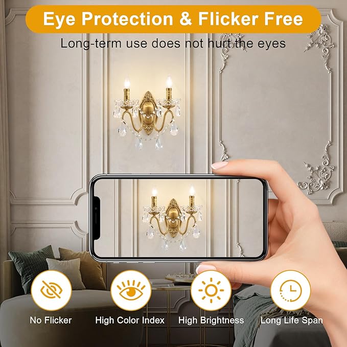 Crystal Wall Sconce, Gold Wall Sconces, Gold Sconces Wall Set of 2, for Living Room, Bedroom, Bathroom,Vanity