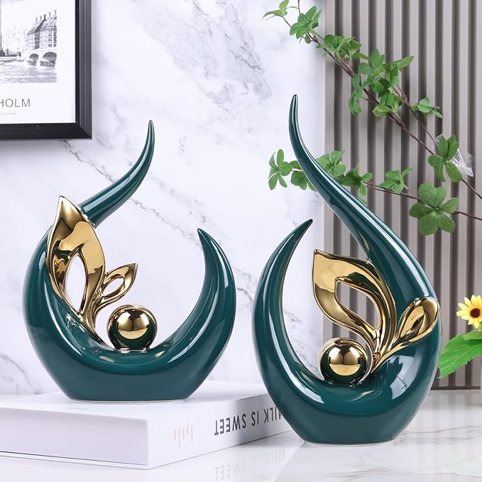 13" H Green Gold Abstract Sculptures Home Decor, Ceramic Art Statue Cool Stuff to Put on Shelves&tv Stand Decor, Gold Accent Entertainment Center, for Fireplace Coffee Table Dining Table Decorate