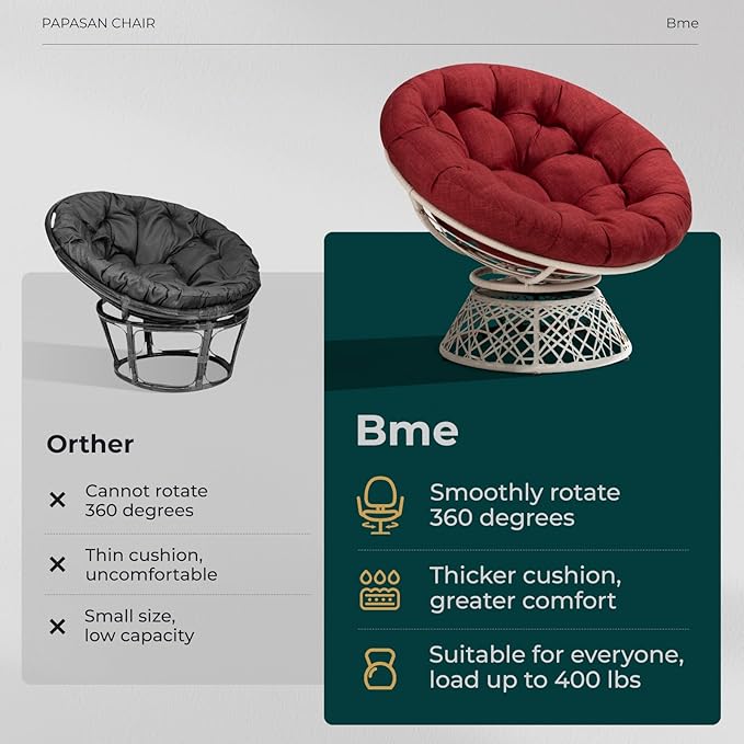 Bme 40" Ergonomic Wicker Papasan Chair with Soft Thick Density Fabric Cushion, High Capacity Steel Frame, 360 Degree Swivel for Living, Bedroom, Reading Room, Lounge, Cherry Sangria - White Base