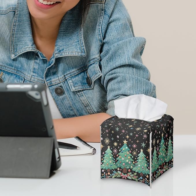 Christmas Tree Tissue Box Cover Square PU Leather Tissue Case Facial Paper Organizer Dispenser Aesthetic Modern Home Decorative for Bedroom Bathroom Kitchen Living Room, 5.1''x5.1''