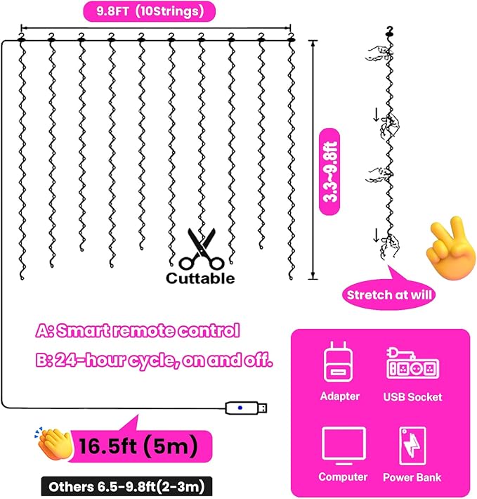 HXWEIYE 300LED Fairy Curtain Lights, 9.8x9.8Ft Pink USB Plug in 8 Modes Timer Christmas String Hanging Lights with Remote for Bedroom Backdrop Wedding Party Home Wall Garden Outdoor Indoor Decor