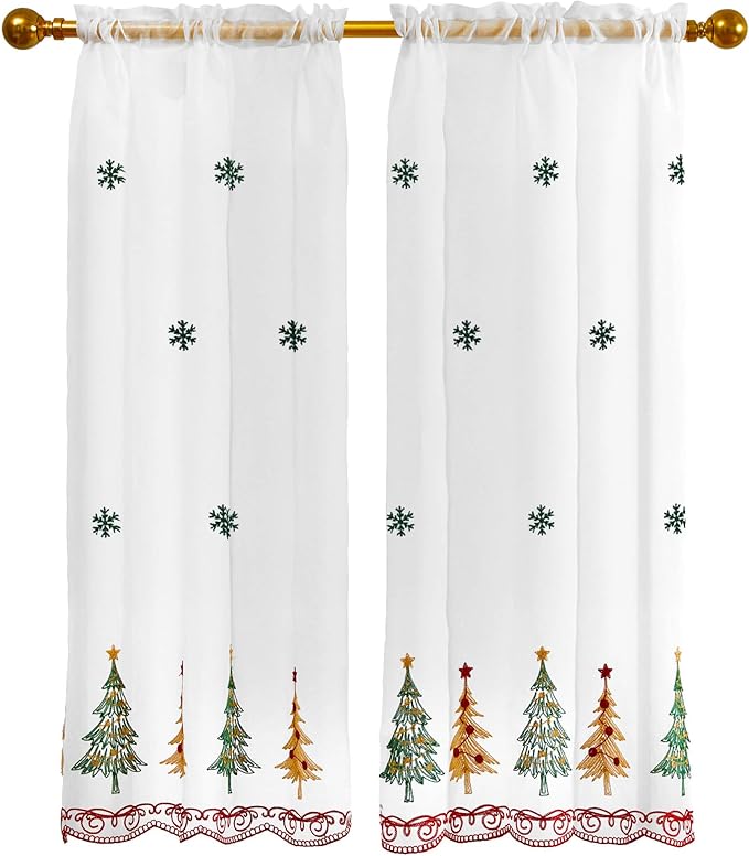 Deconovo Christmas Kitchen Tier Curtains, Embroidered Cafe Tiers, Semi Sheer Window Treatment with Rod Pocket, Light Filtering for Small Windows, Door & Sink Areas, 28W x 45L, Tree, 2 Panels