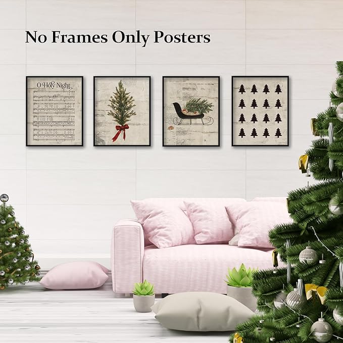 TFKFJLF Vintage Christmas O Holy Night Wall Art Poster Decor, Retro Christmas Tree Wall Art Decorations for Home Kitchen Bedroom Bathroom Living Room Office, Unframed 8x10in Set of 4
